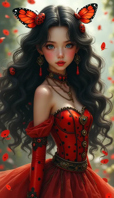 a detailed portrait of a miraculous ladybug girl, long flowing black curly hair, beautiful slanted blue eyes, detailed facial features, graceful feminine pose, intricate costume design, delicate ladybug antennae, ornate ladybug-themed accessories, vivid co...