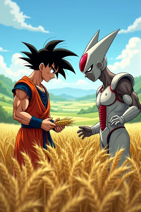 Make me an image in which Goku and Friza are farming together and harvesting grains in the field