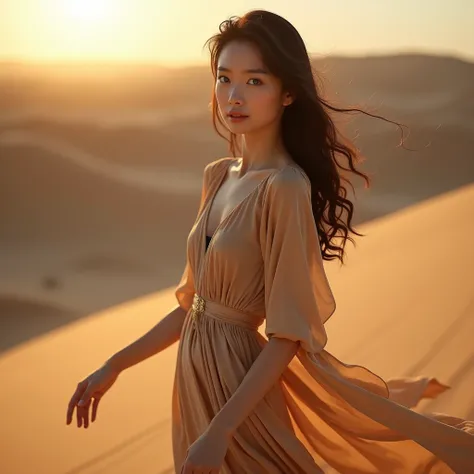 A beautiful Asian female model, about 26-30 years old, A female model in a flowing, earth-toned dress, posed against the backdrop of towering sand dunes under a golden sun, romantic, beautiful picture, high detail, realistic image, realistic, good lighting...