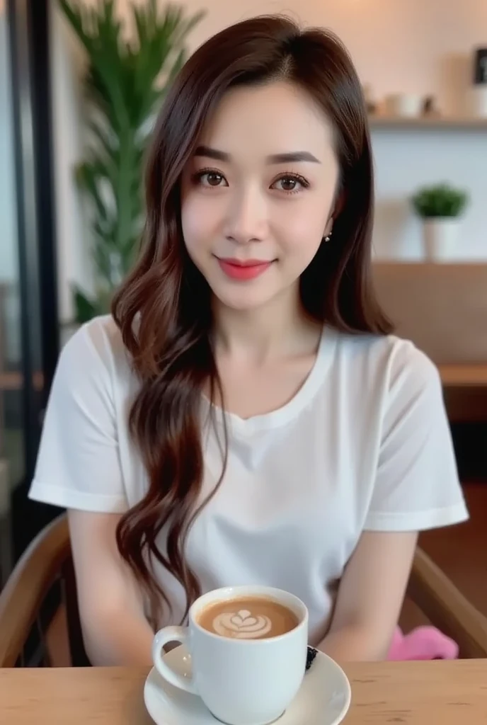 25 years old Korean girl, beautiful, long hair, masterpiece, 4K high definition, excellent quality, good skin, clear focus (bright natural light, noon), dynamic angle, detailed face, suitable for room 1.2, full body shot, natural breasts, wearing a white s...