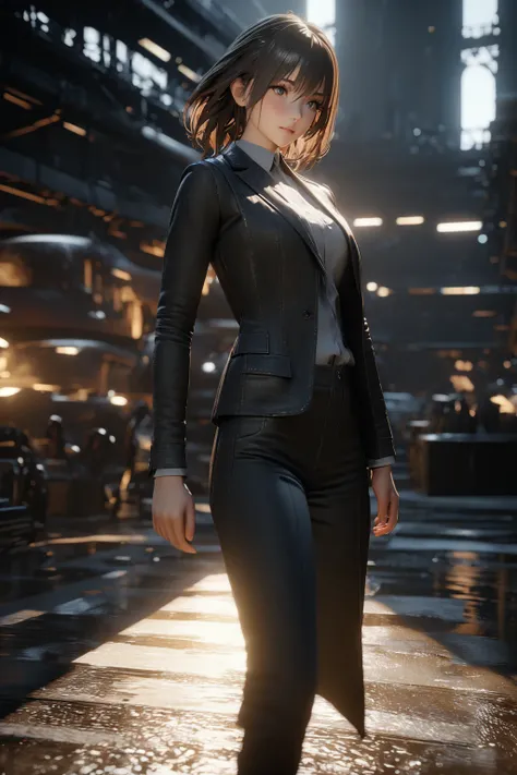 (best quality, masterpiece:1.2), ultra detailed, 8k, 4K, high resolution, 1 woman, detailed beautiful face and eyes, woman wearing a business suit, model body type , 3D rendering, unreal engine, cinematic lighting