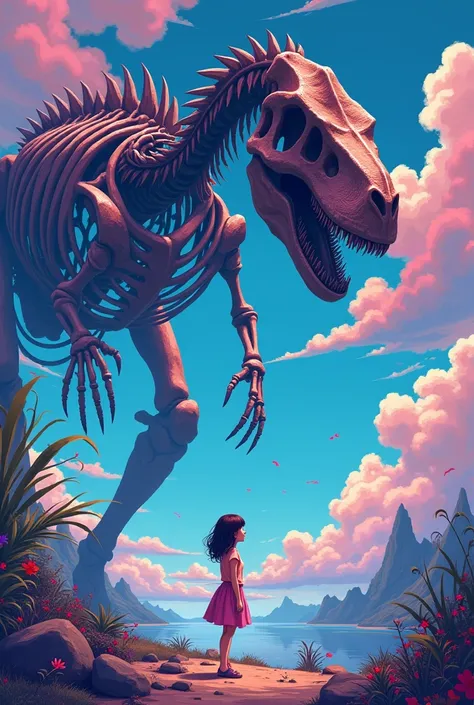 Arafe image of a girl standing in front of a dinosaur skeleton, 80&#39;s anime vibe,  Dreamy Psychedelic Anime , 9 0 s anime style aesthetics ,  just a joke , In the style of 80s anime, Vaporwave Art, Surreal flat colors, Vaporwave Comics, Lisa Frank & Mur...