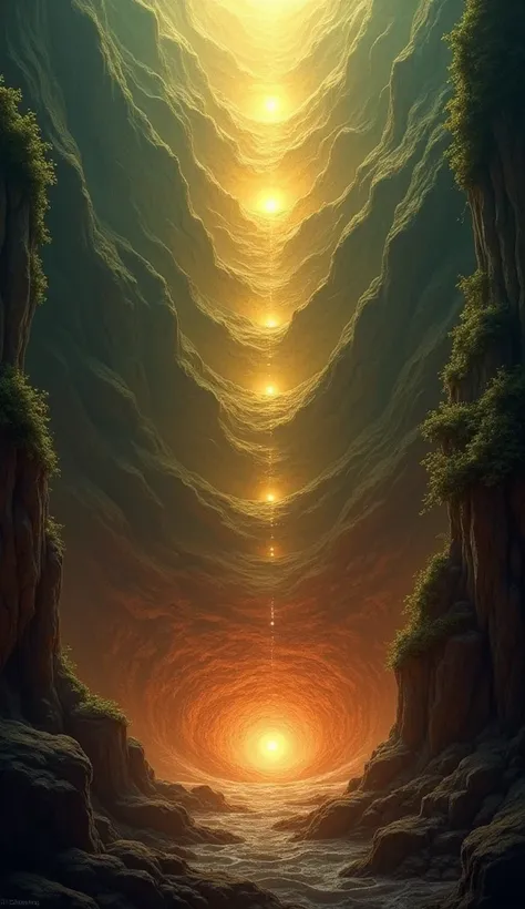 A dramatic depiction of a golden ring falling through the layers of the Earth, glowing as it descends. The Earth’s layers are shown as mystical, with Patal Lok at the bottom—a dark, mysterious realm illuminated faintly by the ring’s glow.