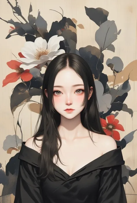  Beautiful Women、Floral arrangement、Wabi-sabi art、 very detailed_face_eye、 very detailedface、 black dress、white、gray、red、Parchment、抽象的Floral arrangement、Three big flowers、surrealist art 、silence、 wallpaper、 best quality、masterpiece、 high definition 、８ｋ