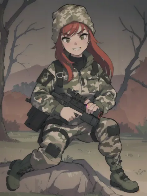 a smiling girl with long red hair, wearing a camouflage jacket, tactical gloves, a camouflage balaclava, camouflage pants, and a...