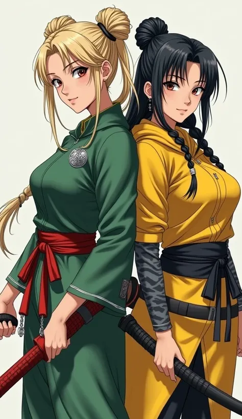 Two sexy women Anime,only 1 women martial artist Double Bun,Blonde Hair,,outfit green,,sexy and detailed design silver,, and red weapon on the hands nunchucks 2woman ninja assassin sexy Low Twin Braids Black Hair hood yellow,outfit and detail designblack s...