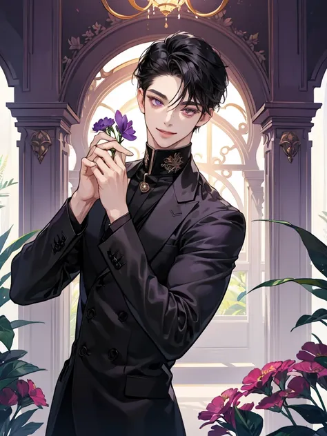 boy, black hair, purple eyes. sexy smile, thin, young master, bring flowers and plants, Background in luxurious mansion. he thin. young. big eyes. middle parted hairstyle