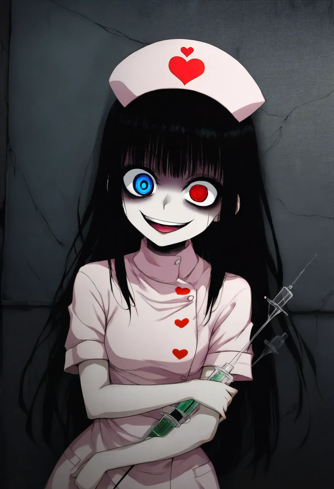 UHD, masterpiece, anatomically correct, super detail, high details, best quality, 8k,perfect beauty 1girl, dark gothic, drkgirl,nurse uniform,nurse uniform,nurse cap, crazy eyes, mismatched pupils, smile, anime style, retina,hug a large syringe, heart,newborn one small monster, madness, strange shape, she lovingly embraces the monster, Derelict Hospital,dark light