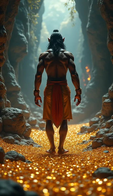 Hanuman, in his determined form, exploring the underworld (Patal Lok). The environment is otherworldly, with a dark, mystical atmosphere filled with strange flora and shimmering treasures. Hanuman looks around, seeing millions of identical golden rings spr...