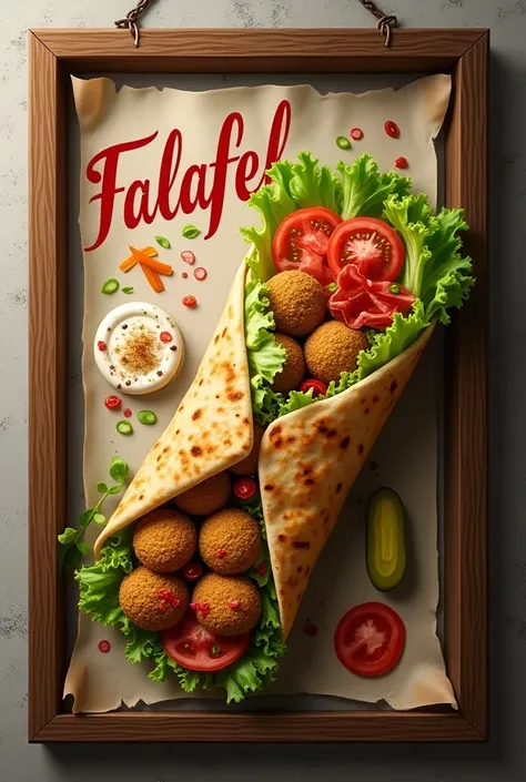 Create Falafel Shawarma ingredients pink pickle and normal pickle and ice berg and tahini souce and tomato slices in shawarma in frame hanging on wall 
Also add text Falafel like a realistic 