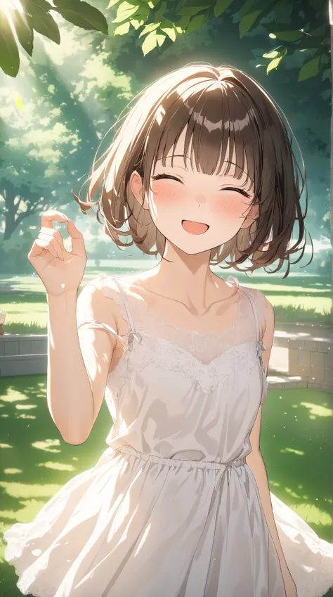 1 girl, ( cute face),  bob cut from the front, to many hairstyle, (blush:1.3), Embarrassing gesture,  small breasts,  silk camisole ,  Lace Skirt ,  Pottery skin ,  squinting and smiling ,  cowboy shots, break, Soft Shadows, (Gentle Light:1.3),  Cute Atmos...