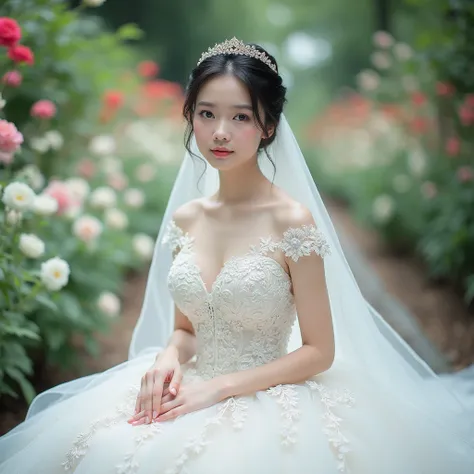 A beautiful Asian female model, about 26-30 years old, A female model in an intricate wedding gown, posed on a garden path lined with blooming flowers, her veil flowing behind her, romantic, beautiful picture, high detail, realistic image, realistic, good ...