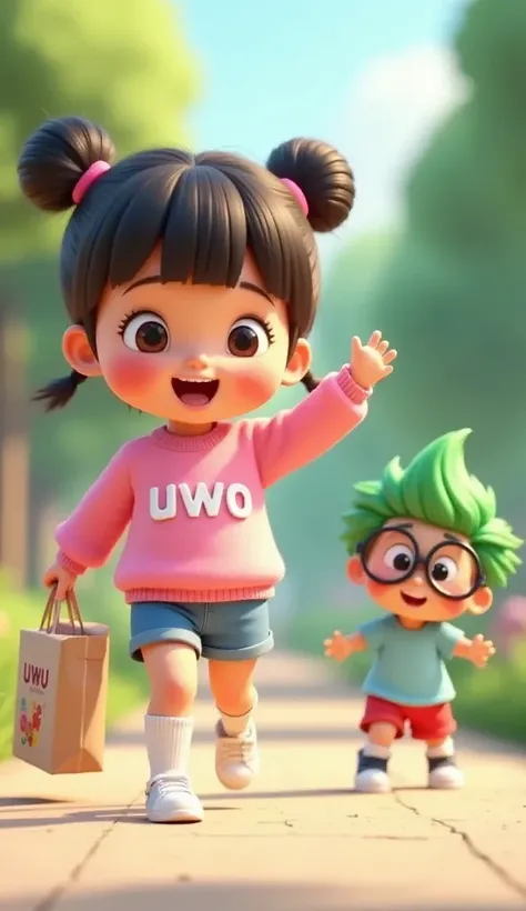 A cute and adorable with her hair into two buns on top and bangs, wearing a pink sweater with "uwu" printed on the front, blue shorts, short socks, and white sneakers. The style is 3D animation with a pastel color palette, holding a paper bag with the word...