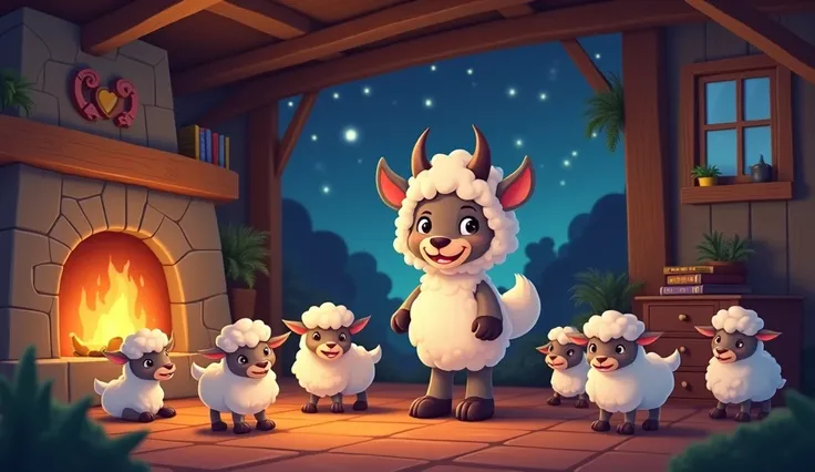  A cartoon wolf wearing sheep costume is standing near Seven cartoon little( Goats )inside a cozy cottage at night