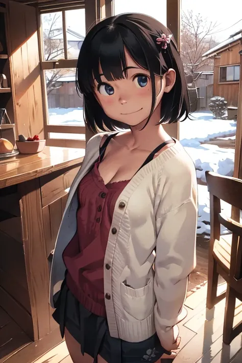  one girl、 cute、pure love、Simple、Inside the house、 standing in front of fireplace、Outside the window is a snowy landscape、 detailed hair、 detailed face 、 detailed skin、( small breasts、Thighs)、(( cleavage、Shoulder Bare))、( short skirt、long cardigan )、( cute...