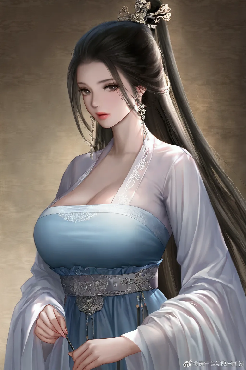 masterpiece, best quality, realistic, 8k, official art, cinematic light, ultra high res, perfect female body, sharp focus, guofeng, hanfu, 1girl, solo, black hair, chinese clothes, realistic, large breasts