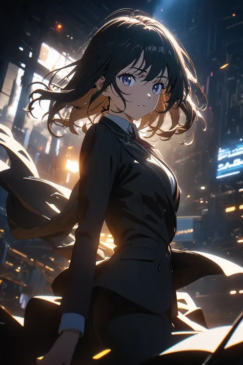 (best quality, masterpiece:1.2), ultra detailed, 8K, 4K, high resolution, 1 girl, detailed beautiful face and eyes, woman wearing a business suit, cel anime, unreal engine, dynamic lighting