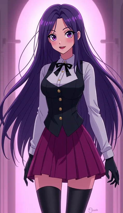 Zatanna from DC Super Hero Girls 2019, long purple hair, straight purple hair, sparkly purple hair, magical purple hair (Dark purple), Zatanna is a beautiful teenage girl with fair skin and a distinctive hourglass figure, thick light indigo hair that reach...