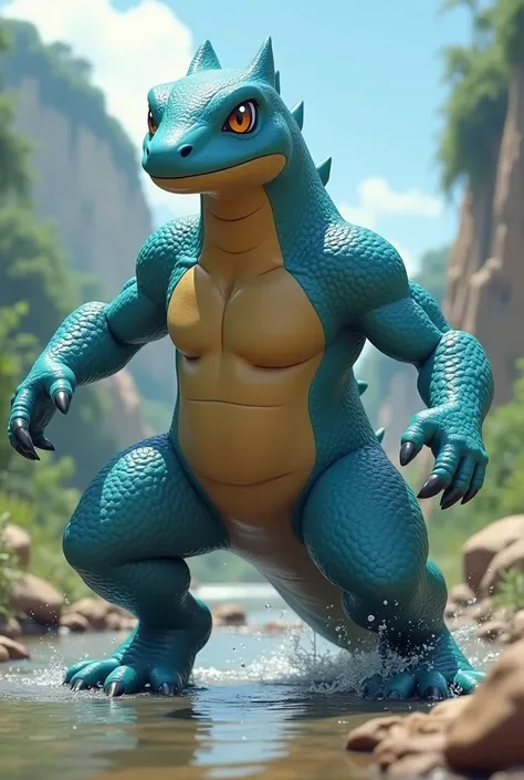 Pokemon, 3d anime,  lizard, blue and brown skin, water and ground type, has a body made of mud