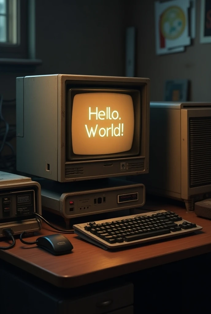  A retro computer setup with a monitor displaying the text: "Hello, World!"