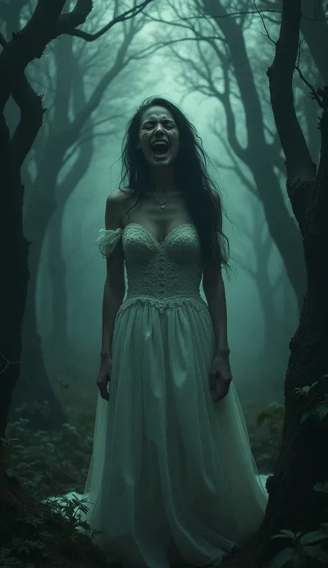 The brides sobbing turns into a spine-chilling, echoing laughter that fills the air. Background like Haunted forest 