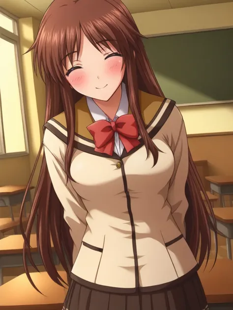 masterpiece, best quality, KurasawaSanae, 1girl, solo, long hair, brown hair, purple eyes, medium breasts, smile, blush, red bow, school uniform, facing viewer, cowboy shot, school room,