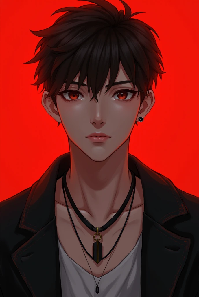 The image is a digital illustration of a young man with a serious expression, wearing a black necklace and sitting in front of a vibrant red background. Ignore mood