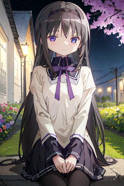 best quality, masterpiece,  high definition , alone, {akemi_homura_魔法少女まどか☆マギカ:1.15}, black_hair, length_hair, hairband,  purple...