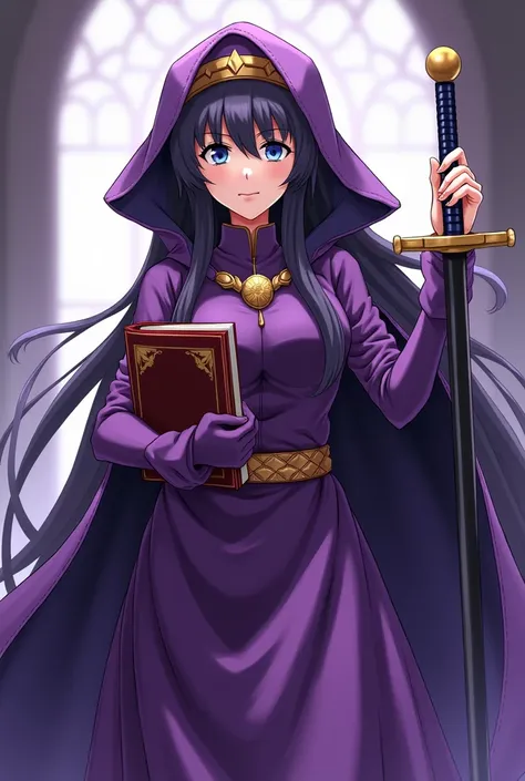 A woman dressed in purple with a book and a sword ,  character portrait inspired by Li Chevalier, Pixiv,  Under Art in Oil , best  anime character design,  Saint Seiya girl , Villain Anime Girl,  anime character, Hajime Yatate,  anime style、Fate/stay, Fate...