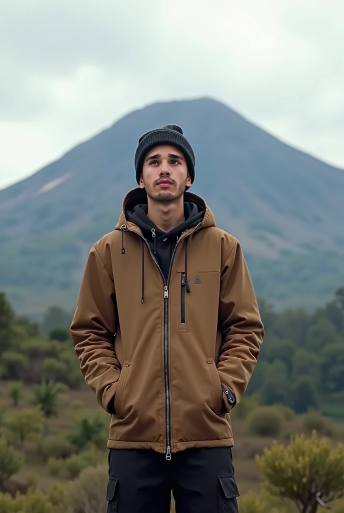 Real human photo Raka is a young Indonesian man, handsome, with a sharp nose, thin lips, short straight black hair, he is wearing  zipped plain brown winter jacket, black cargo pant,,  black beannie,  he is standing and watching with Amaze expression,  bac...