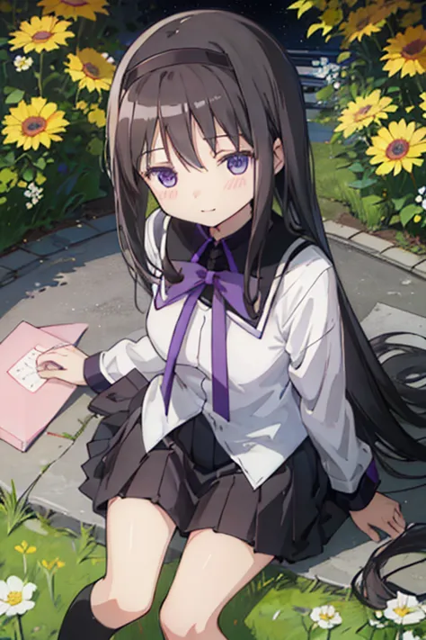 best quality, masterpiece,  high definition , alone, {akemi_homura_魔法少女まどか☆マギカ:1.15}, black_hair, length_hair, hairband,  purple...