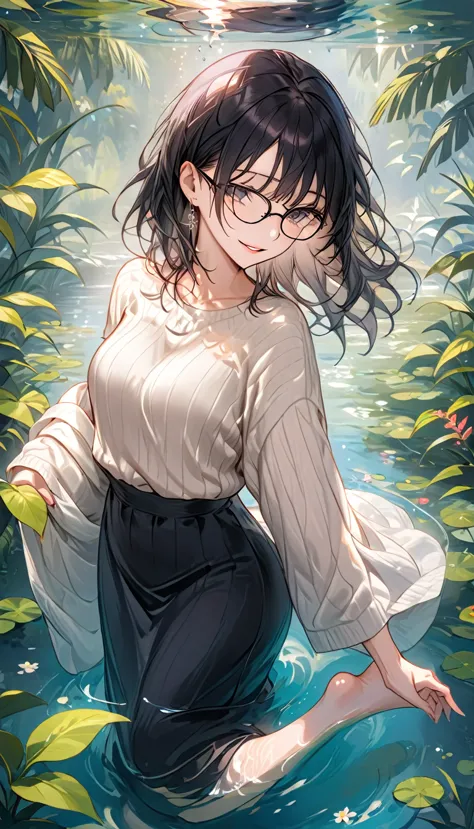 (masterpiece, best quality),( anatomically correct),(dark-haired mature woman ,medium-long hairstyle,large black-rimmed glasses ...