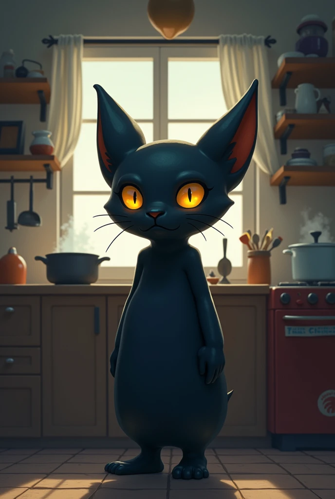 Style/Size: Cartoonish, mysterious and shadowy environment. 
Background: A simple kitchen with wooden shelves, a countertop, and a few cooking utensils. A pot is simmering on a stove, and a window lets in soft daylight.
Front Side: Ballu is facing forward,...