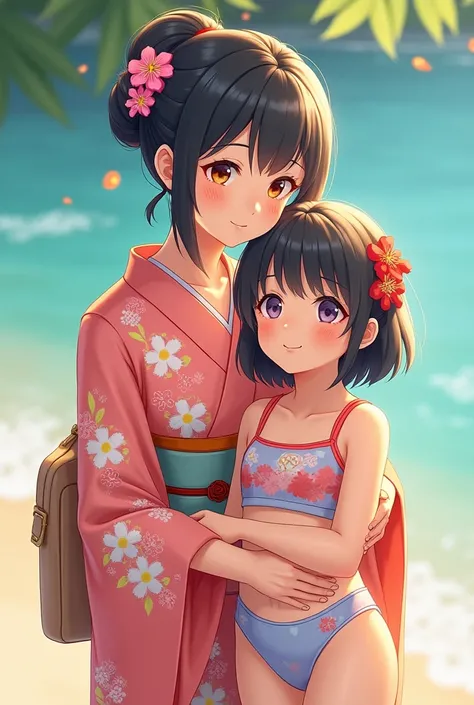 Anime cute girl mother daughter upper body yukata lower body swimsuit