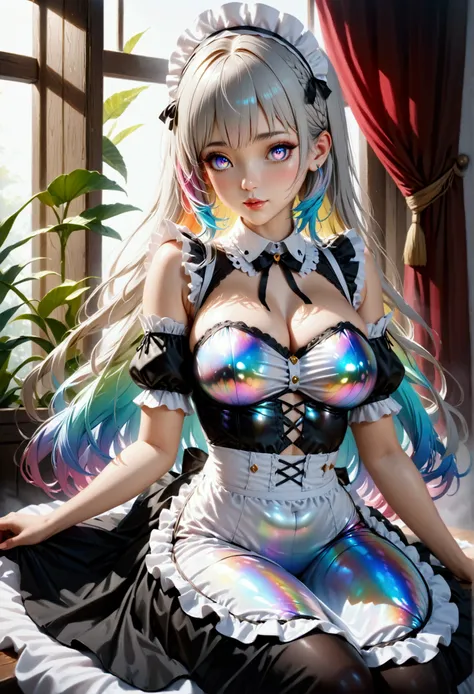 1maturegirl,mahiru shina, Long smooth straight grey hair, inner dark iridescent hair, iridescent eyes,aesthetic curvy figure,sitting in skimpy maid outfit,masterpiece, super detail,detailed eyes, best quality, 8k,realistic