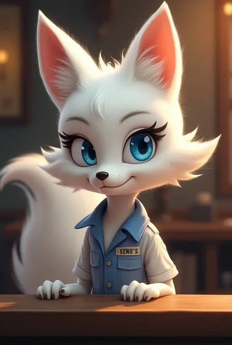 She is a white fox with blue eyes, a fox like Tails the Fox in Sonic. She graduated and worked at a rens movie theater.