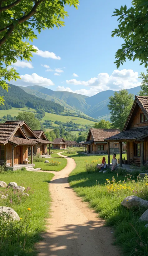 " A quiet and peaceful village nestled amidst a lush expanse of green fields ,  with simple houses with neatly arranged wooden walls .  The small paved streets look clean ,  decorated with wild flowers on its edges .  ren play cheerfully by the village wel...