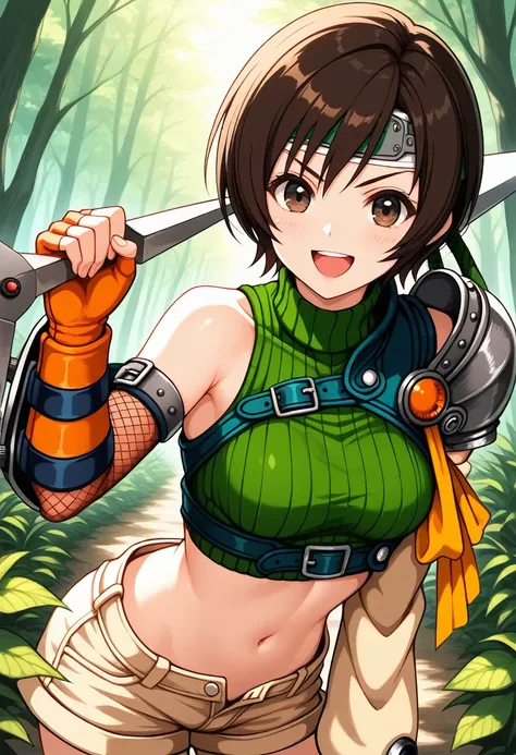 (masterpeace,Best Quality),(absurdres),(source_anime),intricate, hyper-detailed,  BREAK 1girl, yuffie kisaragi, final fantasy, short hair,headband,navel,sleeveless,turtleneck,brown eyes,sleeveless turtleneck,solo,breasts,smile,gloves,crop top,brown hair,sh...