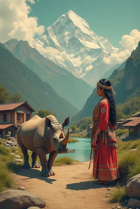 Ina vintage nepali  image   where syambu tempel mount everest ,kumari goddess,  one horn rahino nepali traditional clothes nepali life style rular area lakes and mountains showin aboit tru nepali  vibe in one picture