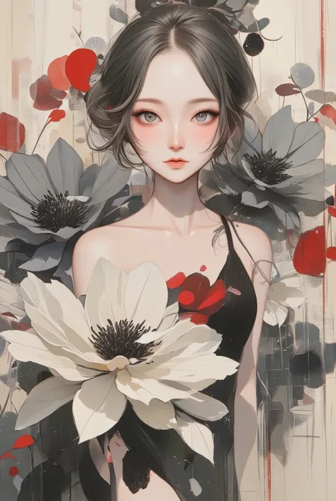  Beautiful Women、Floral arrangement、Wabi-sabi art、 very detailed_face_eye、 very detailedface、 black dress、white、gray、red、Parchment、抽象的Floral arrangement、Three big flowers、surrealist art 、silence、 wallpaper、 best quality、masterpiece、 high definition 、８ｋ