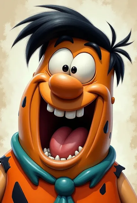 Fred Flintstone, Eyes and mouth wide open, laughing hard, high on methamphetamine. 