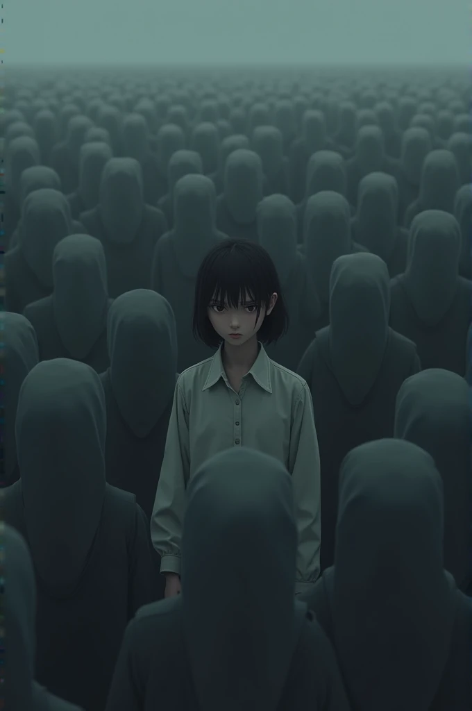 A solitary protagonist in a crowd of dull figures ,  symbol of isolation and lack of real connection between young people.