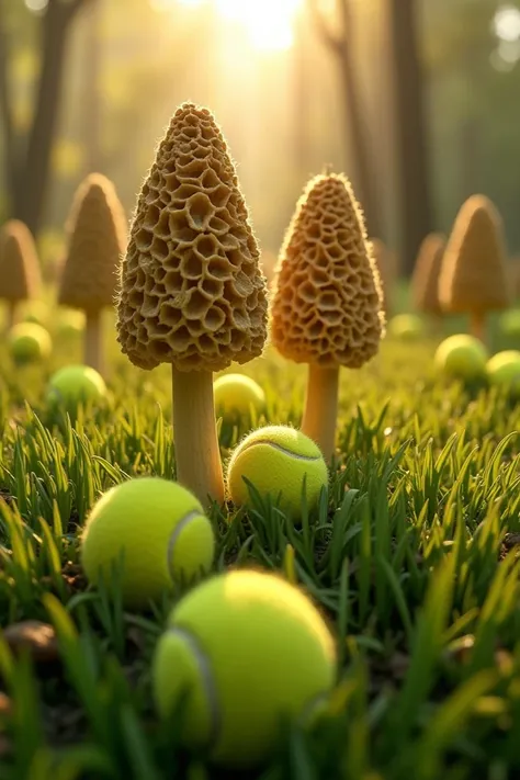 Field of morels, each with 2 tennis balls at the foot