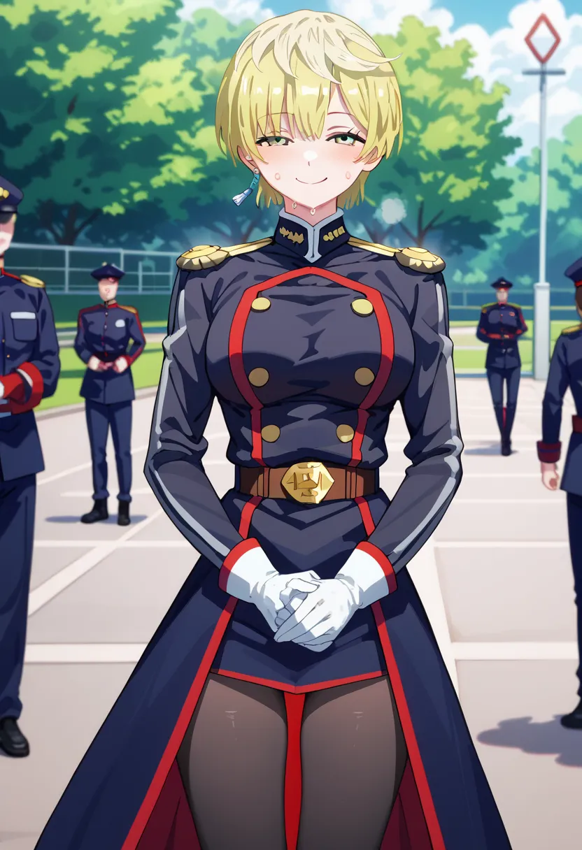 BREAK nsfw, masterpiece, best quality,1girl, Tenka Izumo, white skin color , blonde hair , short hair , uniform, Team uniform,Military uniform, black pantyhose, Sweat,BREAK {{{best quality, very aesthetic, ultra-detailed, extremely detailed, perfect anatomy}}}, BREAK smile,walk in park, 