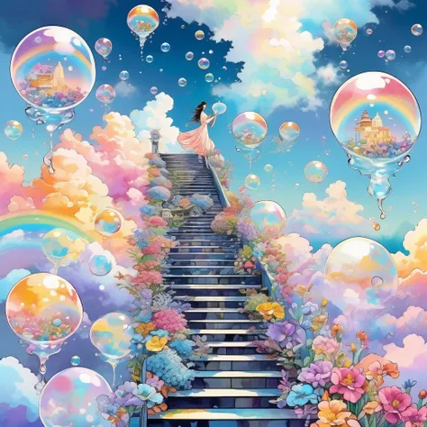  best quality,  very nice, 16k,  unbelievably absurd ,  very detailed, 2.5D,  Gorgeous Goddess ,  rainbow soap bubbles、 Pastel Clouds , Sunshine,  pop art,  A delicate and dynamic effect combining the tastes of oil painting and watercolor painting, iris pa...