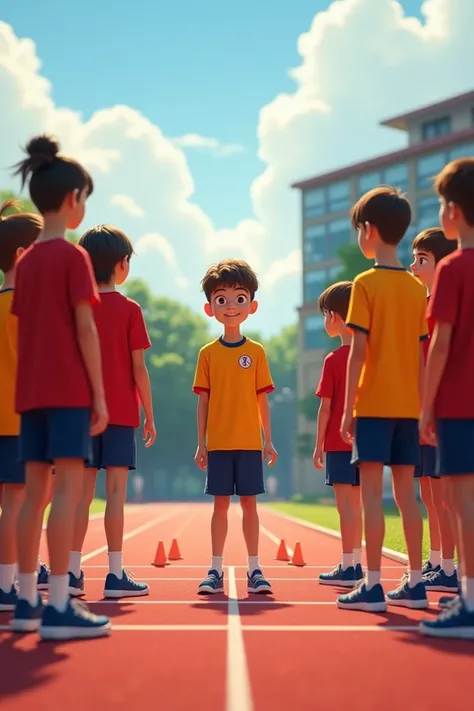 Create a Disney Pixar style medium shot of a group of high school students in colorful track uniforms standing in a semicircle. The teenage boy is at the center, slightly nervous but excited. The setting is a modern high school field. The point of view is ...