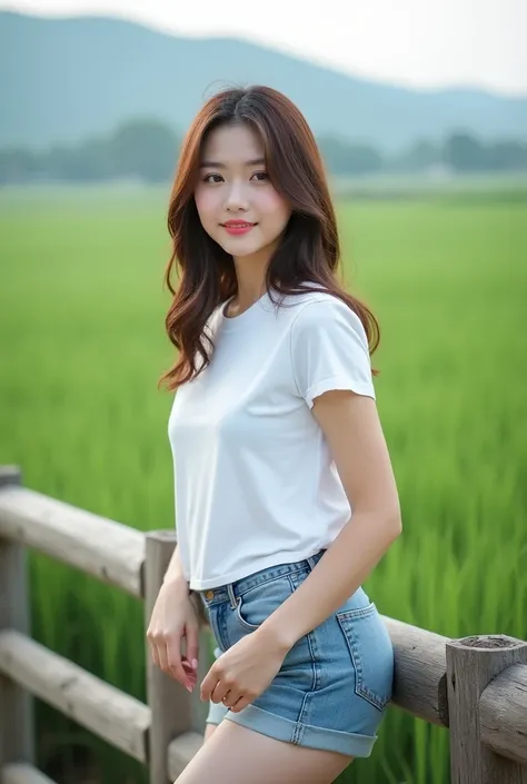 Beautiful Korean woman wearing T-shirt shorts jeans casual shoes poses professional model is leaning against wooden bridge background of rice field expanse 