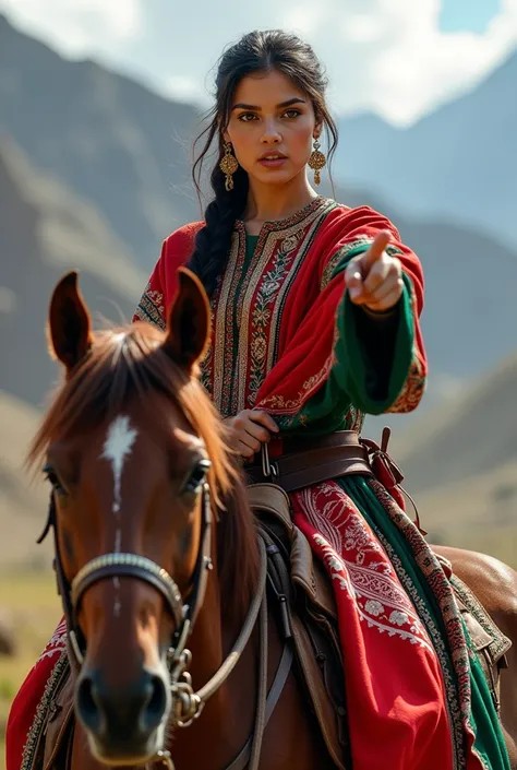 Create a hotest image of girl wearing Afghanistan flag cloths, full body, riding a horse, pointing to camera 