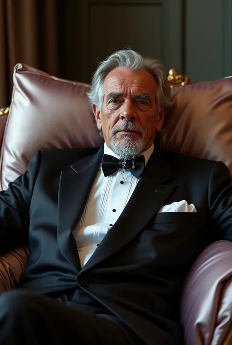 Middle-aged man wearing a satin black and white tuxedo his mouth drips spit water onto a satin pillow on a satin sofa