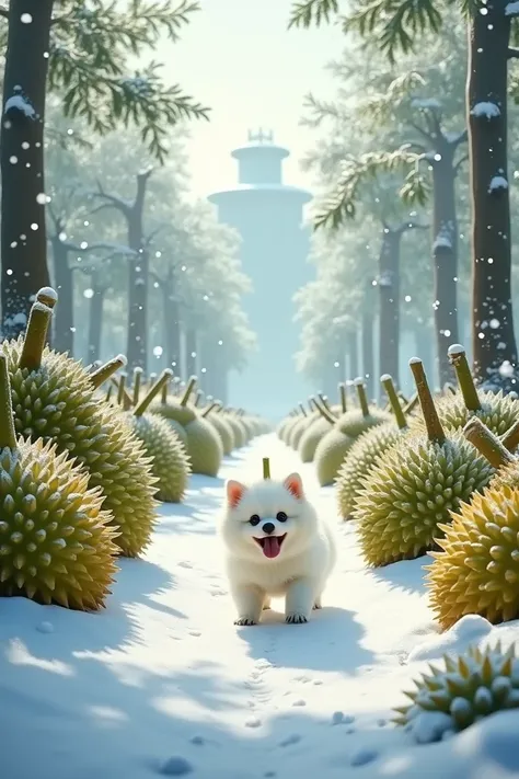 Durian garden, snow, little white dog, military
